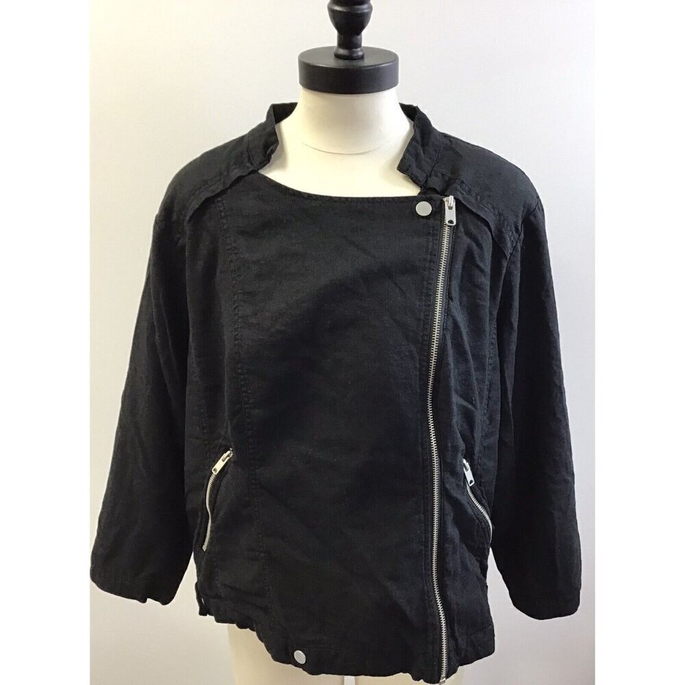 ANA Linen Blend Jacket 1X Black Off Center Full Zip 3/4 Sleeve Lightweight Women